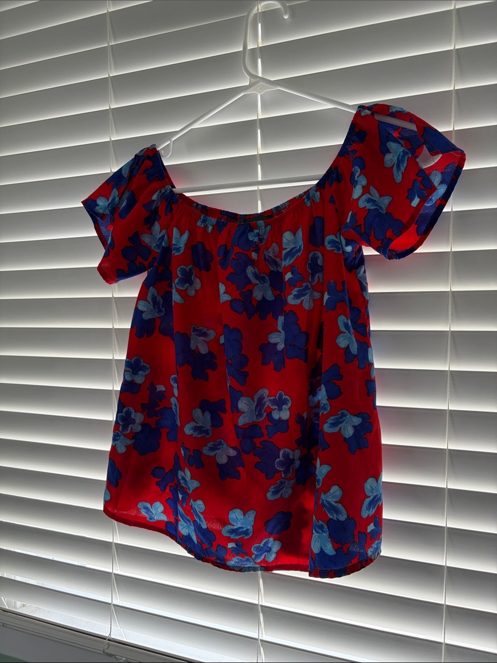 Primark Red Off-Shoulder Top with Blue Floral Print